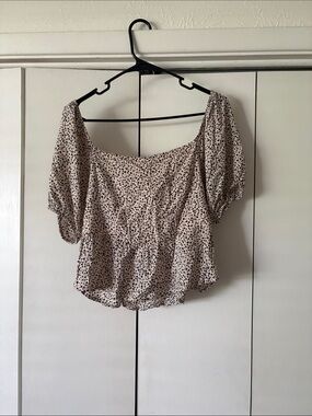 American Eagle Outfitters Cream Blouse with Black Dot Print